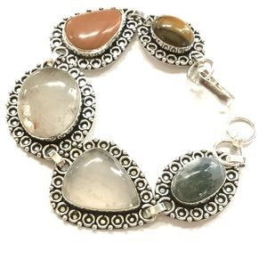 Five BIG Gemstones Bracelet Moss Agate Sandstone Quartz Tiger’s Eye 8” Boho